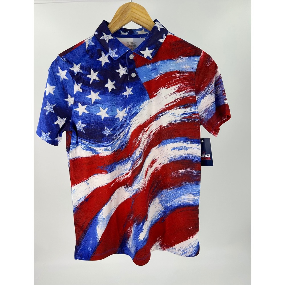 Celebrate Together Boys American Flag Polo Shirt Red White Blue Stars L NWT